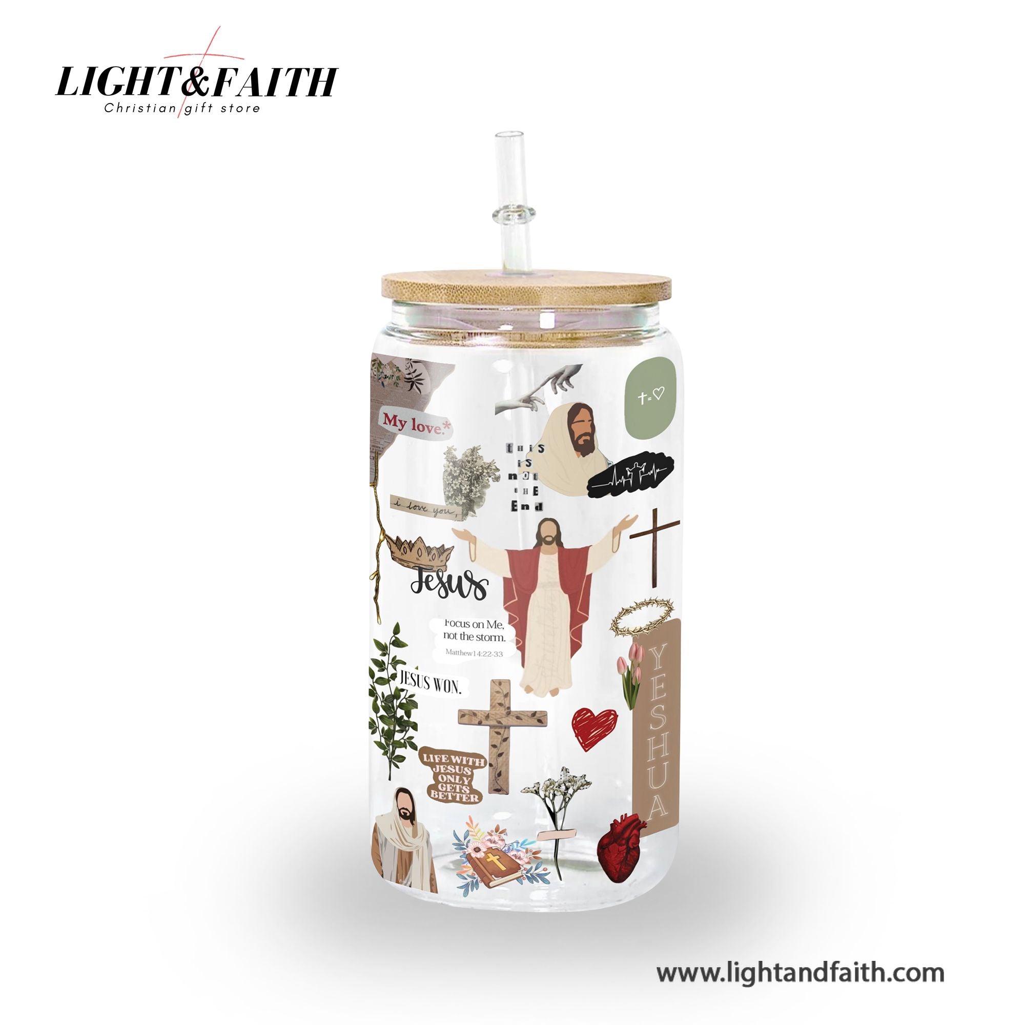 Christian Glass Can with Bamboo Lid and Straw, Jesus Won Yeshua Cup, Focus on Me Not the Storm Bible Verse Iced Coffee Tumbler Gift GCLAF47